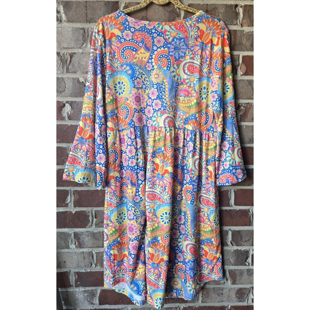 IZURIA Women's Blue Multicolor Paisley Knit Stretch A-Line Dress M 3/4 Bell - Picture 2 of 8